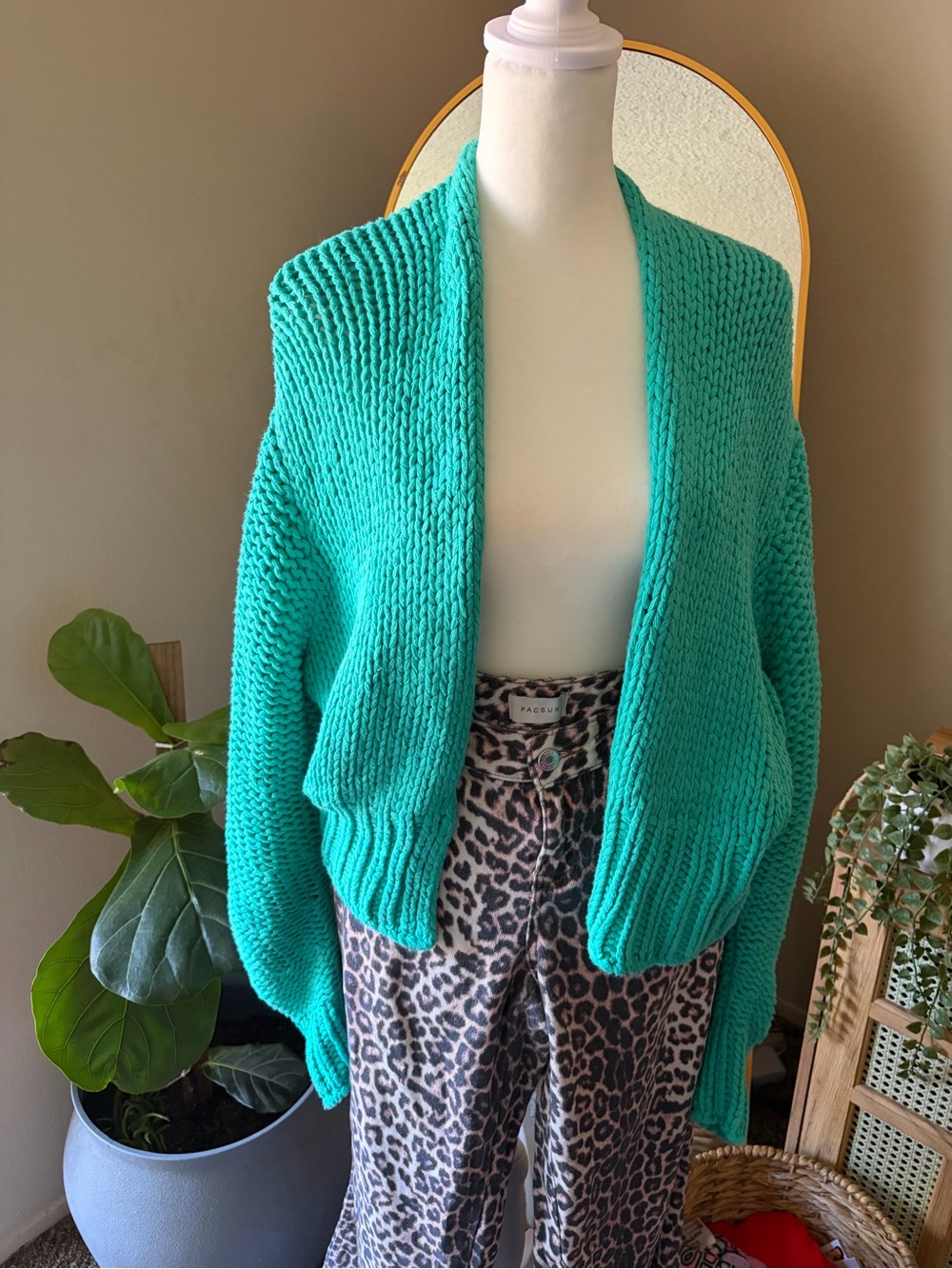 Free People Chunky Open-Front Cardigan in Teal